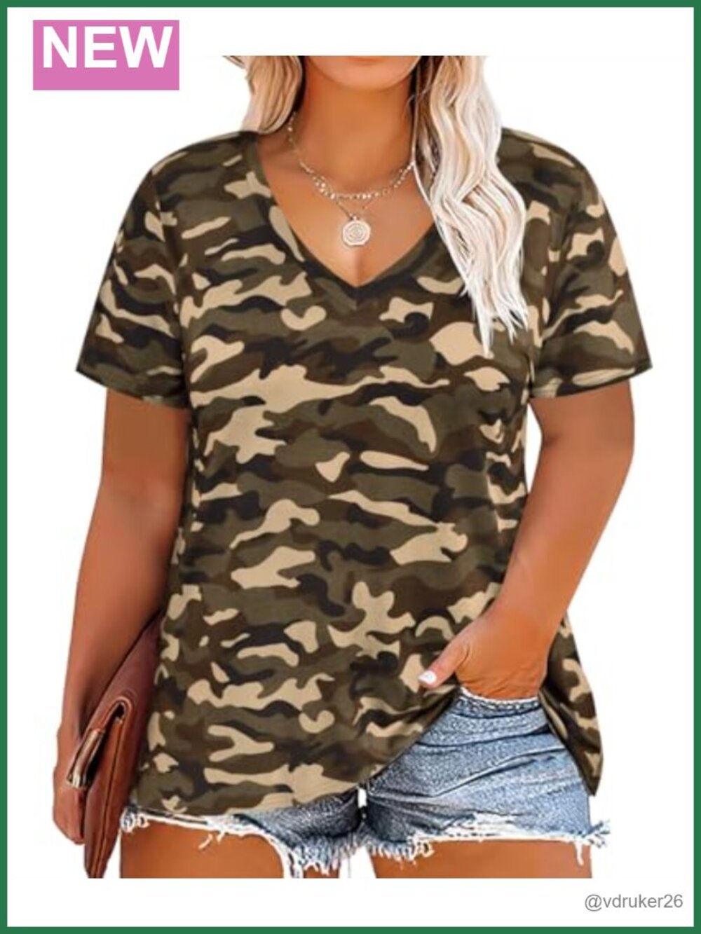 Plus Size V Neck Short Sleeve Tunic Tee Camo Casual Summer Top XL-5X